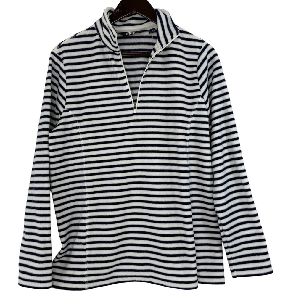 Lands End 1/4 Zip Fleece Pullover Top Womens M 10-12 Navy White Striped Nautical